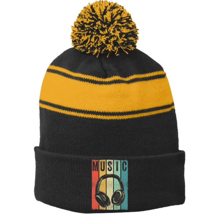 Electronic Music Lover DJ Gift Vintage Retro Headphones Stripe Pom Pom Beanie