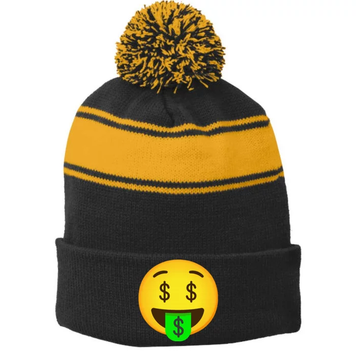 Emoticon Money Mouth Face With Dollar Sign Eyes Rich Stripe Pom Pom Beanie