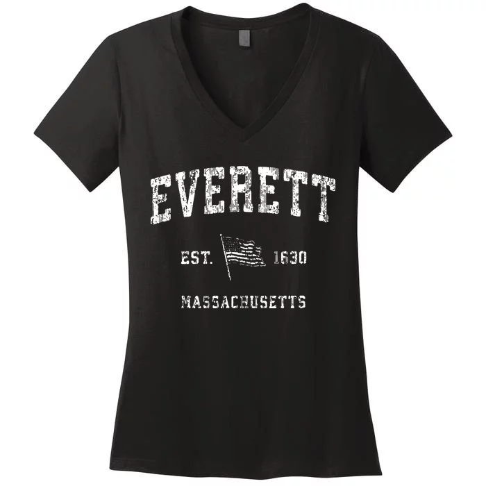 Everett Massachusetts Ma Vintage Us Flag Sports Women's V-Neck T-Shirt