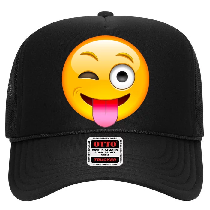 Emoticon Tongue Out Emoji with Winking Eye Smiley High Crown Mesh Trucker Hat