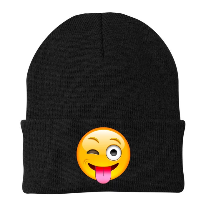 Emoticon Tongue Out Emoji with Winking Eye Smiley Knit Cap Winter Beanie