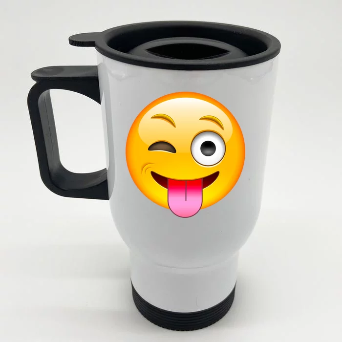 Emoticon Tongue Out Emoji with Winking Eye Smiley Front & Back Stainless Steel Travel Mug