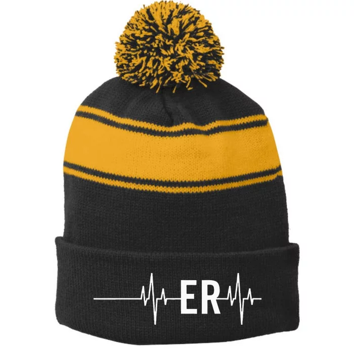 Emergency Medicine Physician Nurse Gift ER Heartbeat Stripe Pom Pom Beanie