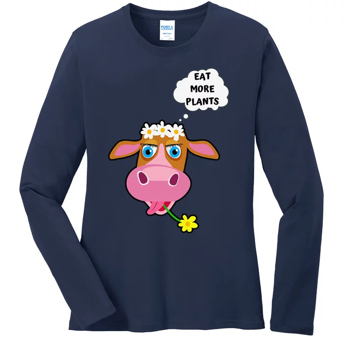 Eat More Plants Cow Flower Power Vegan Ladies Long Sleeve Shirt