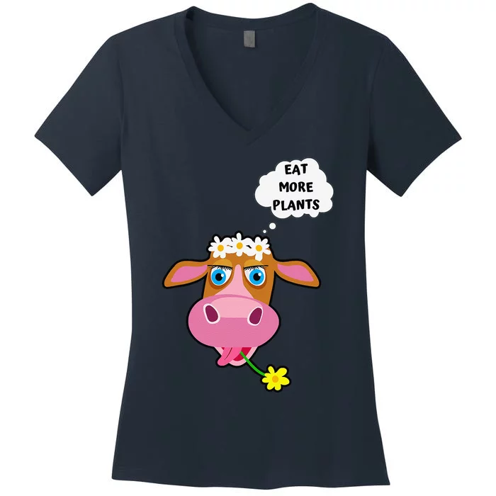 Eat More Plants Cow Flower Power Vegan Women's V-Neck T-Shirt