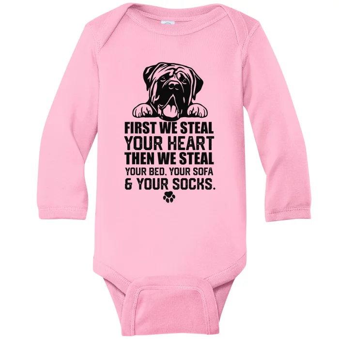 English Mastiff Steal Your Heart Steal Your Bed and Sofa Baby Long Sleeve Bodysuit