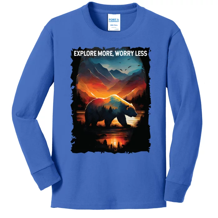 Explore More Worry Less Bear Hiking Camping Mountains Gift Kids Long Sleeve Shirt