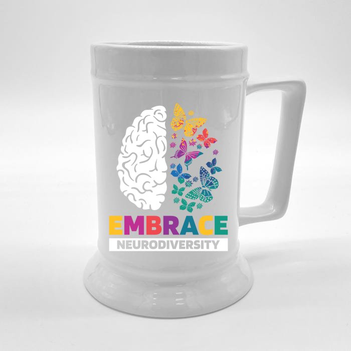 Embrace Neurodiversity Autism Adhd Asd Rainbow Brain Funny Gift Front & Back Beer Stein