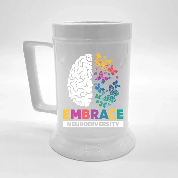 Embrace Neurodiversity Autism Adhd Asd Rainbow Brain Funny Gift Front & Back Beer Stein