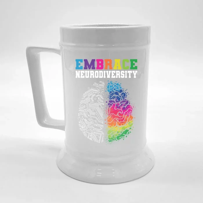 Embrace Neurodiversity Autism Adhd Asd Rainbow Brain Cool Gift Front & Back Beer Stein