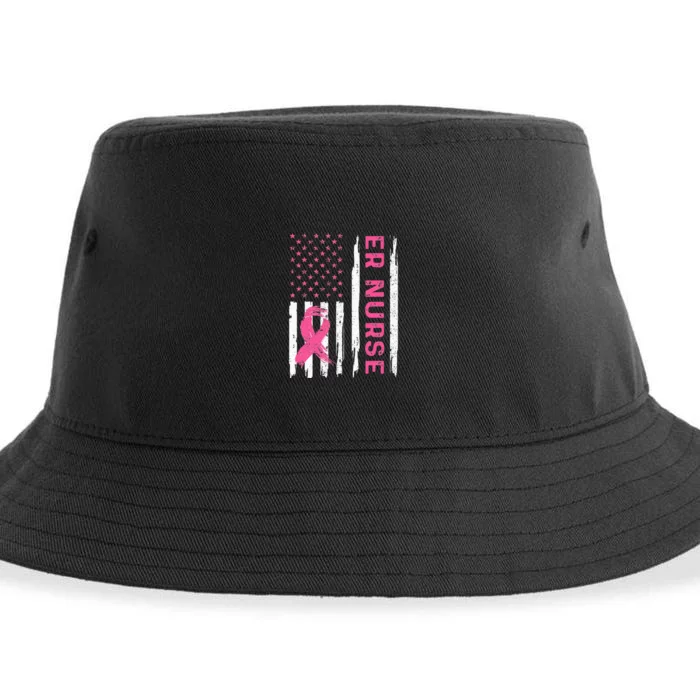 ER Nurse American Flag Nurse Breast Cancer Awareness Sustainable Bucket Hat