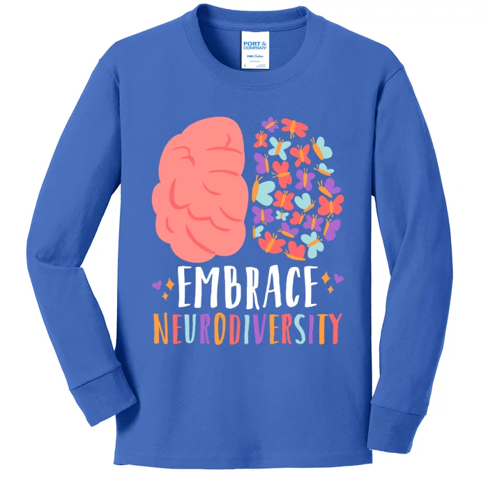 Embrace Neurodiversity Autism Adhd Asd Rainbow Brain Gift Kids Long Sleeve Shirt