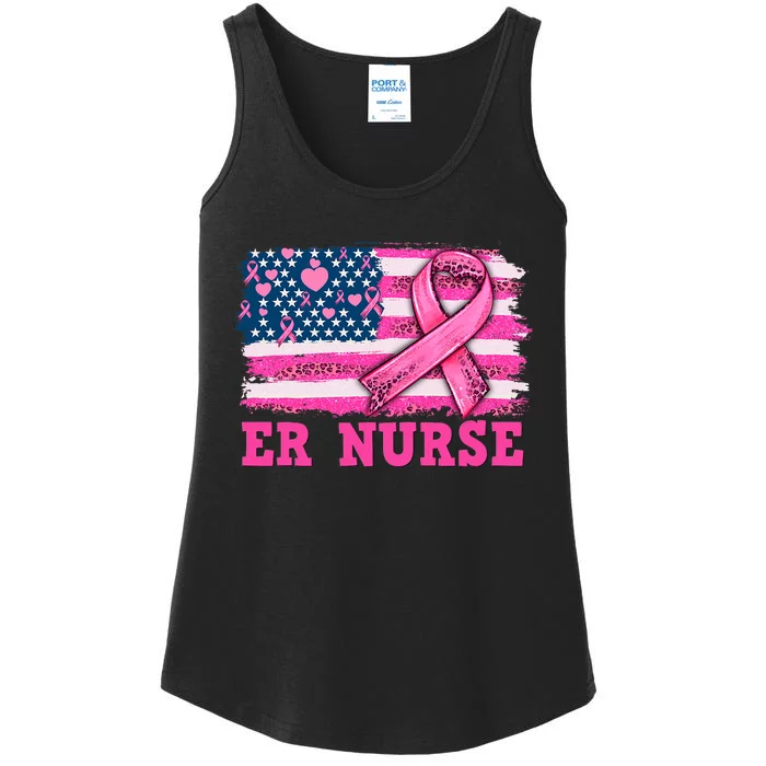 ER Nurse American Cancer Flag Cancer Warrior Pink Ribbon Ladies Essential Tank