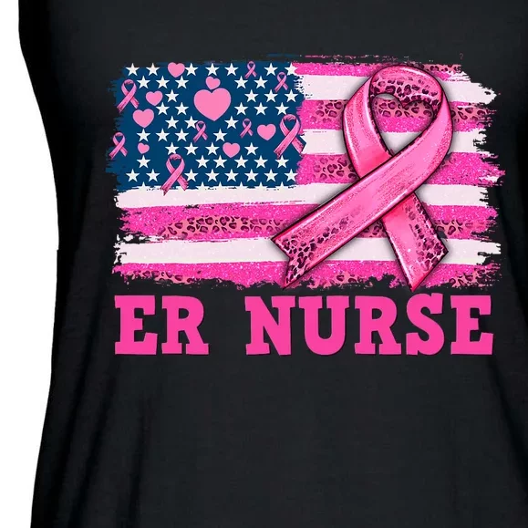 ER Nurse American Cancer Flag Cancer Warrior Pink Ribbon Ladies Essential Flowy Tank