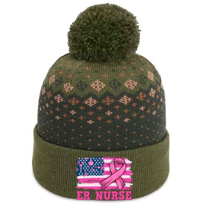 ER Nurse American Cancer Flag Cancer Warrior Pink Ribbon The Baniff Cuffed Pom Beanie