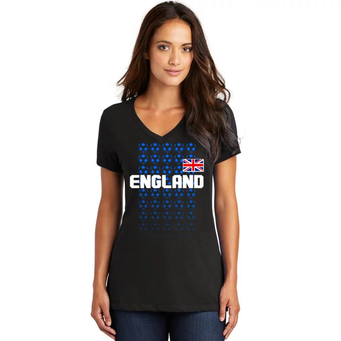 England Flag Soccer Ball Futbol Pattern Women's V-Neck T-Shirt