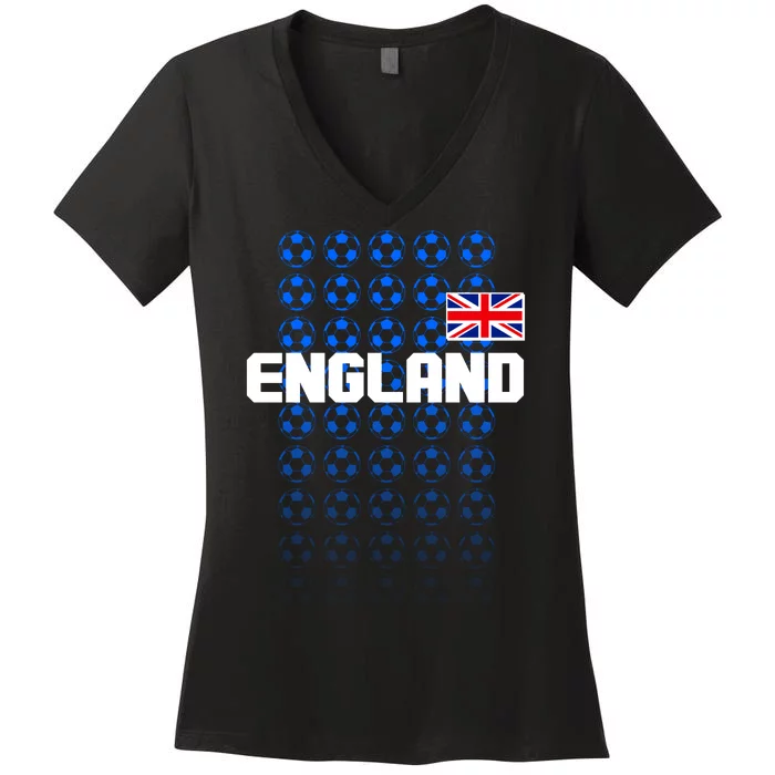 England Flag Soccer Ball Futbol Pattern Women's V-Neck T-Shirt