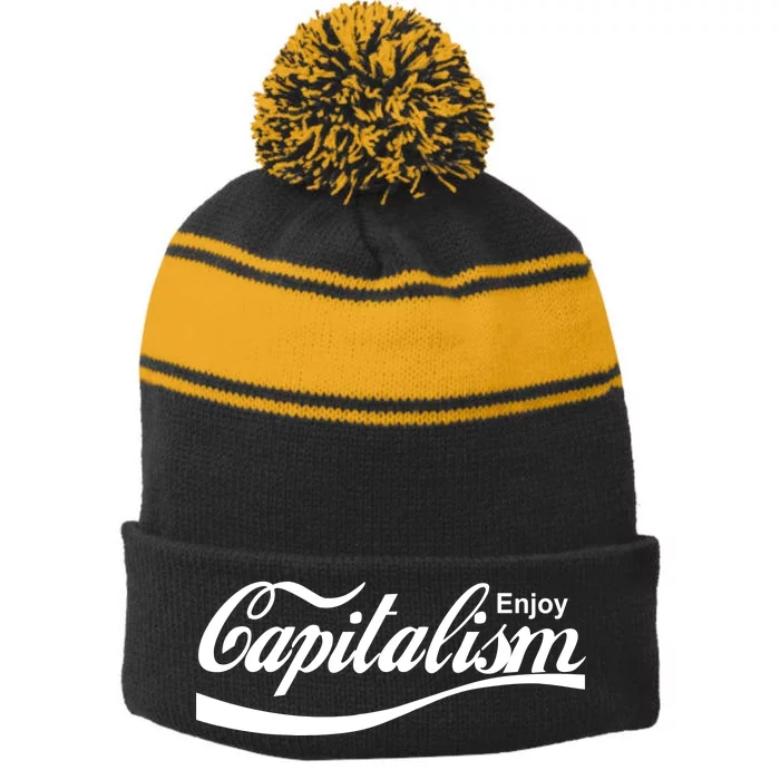 Enjoy Capitalism Stripe Pom Pom Beanie