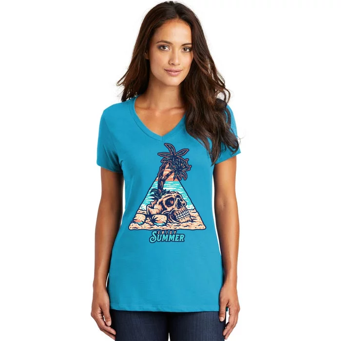 Enjoy Tropical Summer Vacation Skull Women's V-Neck T-Shirt