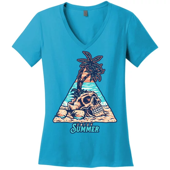 Enjoy Tropical Summer Vacation Skull Women's V-Neck T-Shirt