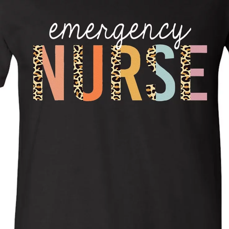 Emergency Nurse Leopard Print ER Nurse Nursing School Women V-Neck T-Shirt