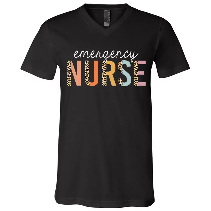 Emergency Nurse Leopard Print ER Nurse Nursing School Women V-Neck T-Shirt