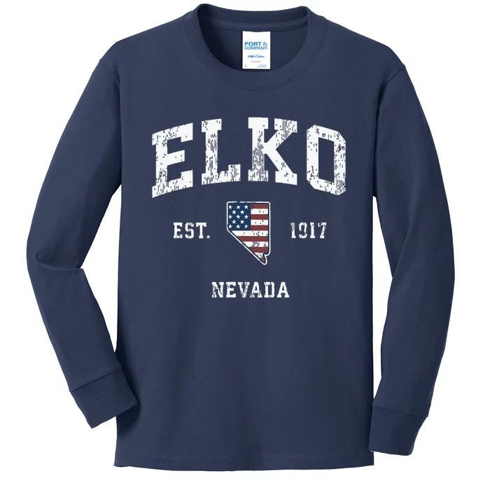 Elko Nevada Nv Vintage American Flag Sports Design Kids Long Sleeve Shirt