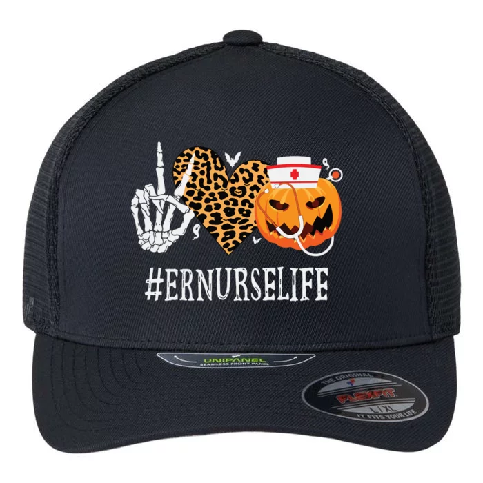 Er Nurse Peace Love Pumpkin Funny Halloween Leopard Flexfit Unipanel Trucker Cap