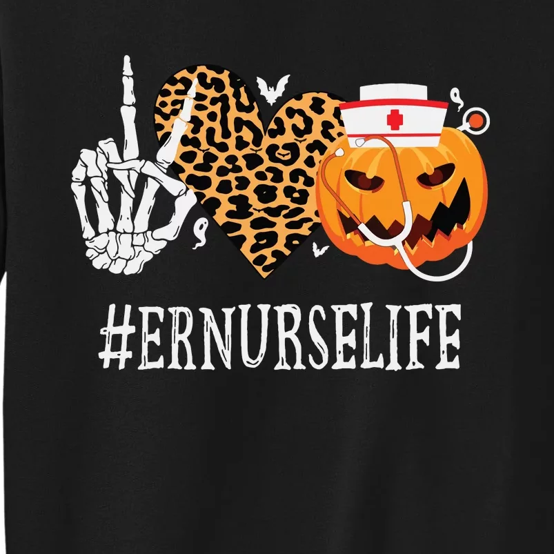 Er Nurse Peace Love Pumpkin Funny Halloween Leopard Tall Sweatshirt