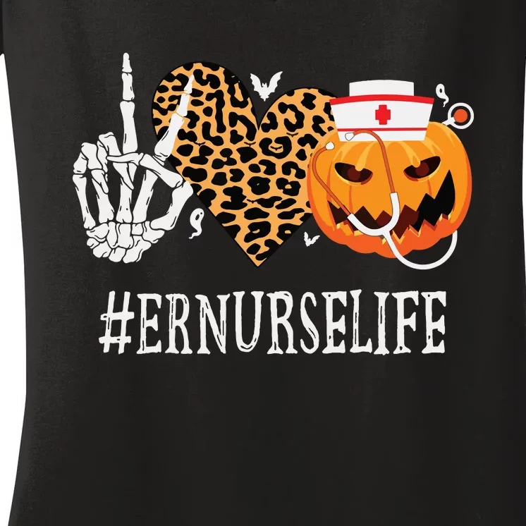 Er Nurse Peace Love Pumpkin Funny Halloween Leopard Women's V-Neck T-Shirt