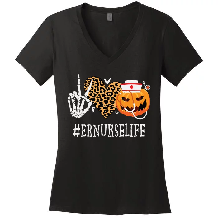 Er Nurse Peace Love Pumpkin Funny Halloween Leopard Women's V-Neck T-Shirt