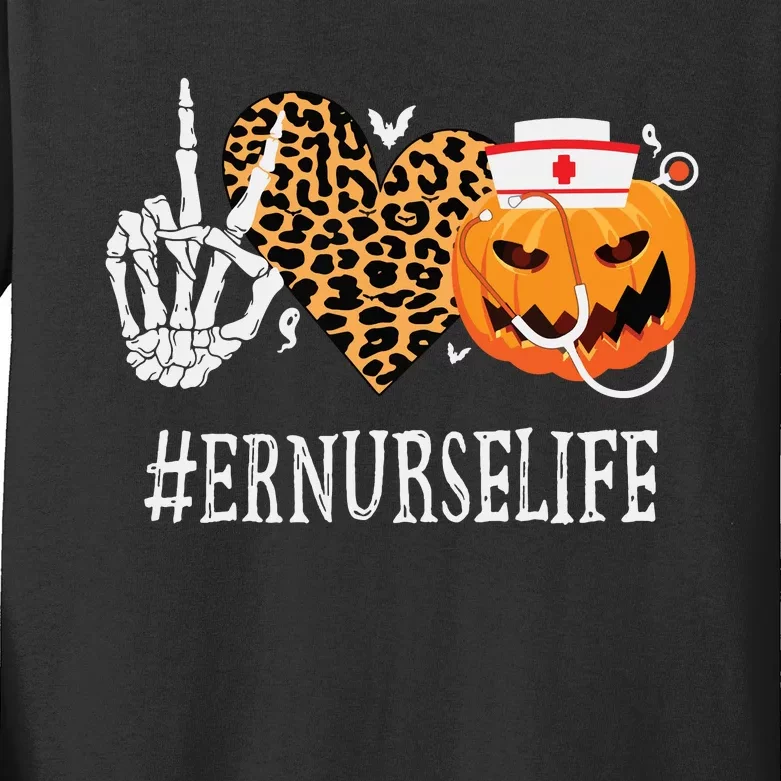 Er Nurse Peace Love Pumpkin Funny Halloween Leopard Kids Long Sleeve Shirt