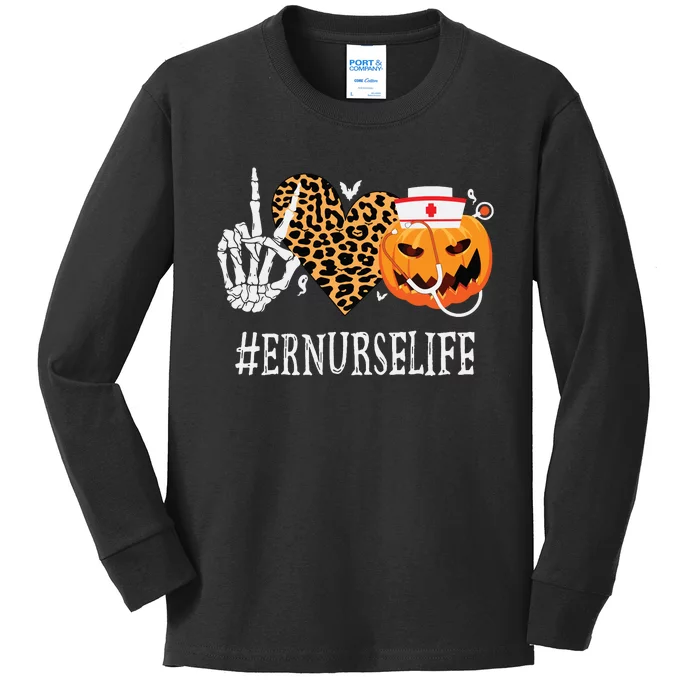 Er Nurse Peace Love Pumpkin Funny Halloween Leopard Kids Long Sleeve Shirt