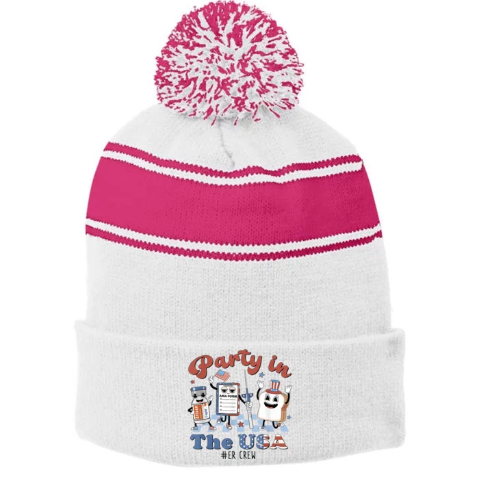 ER Nurse Party In The USA Emergency Room Crew Stripe Pom Pom Beanie