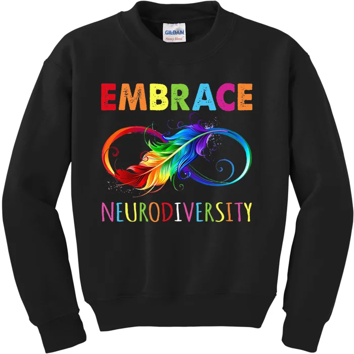 Embrace Neurodiverity Rainbow Infinity Feather Autism Kids Sweatshirt