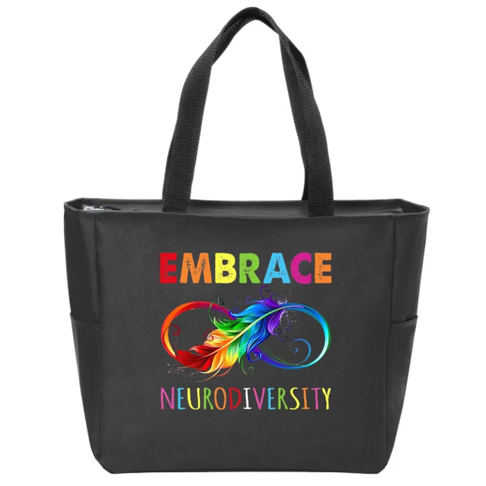 Embrace Neurodiverity Rainbow Infinity Feather Autism Zip Tote Bag