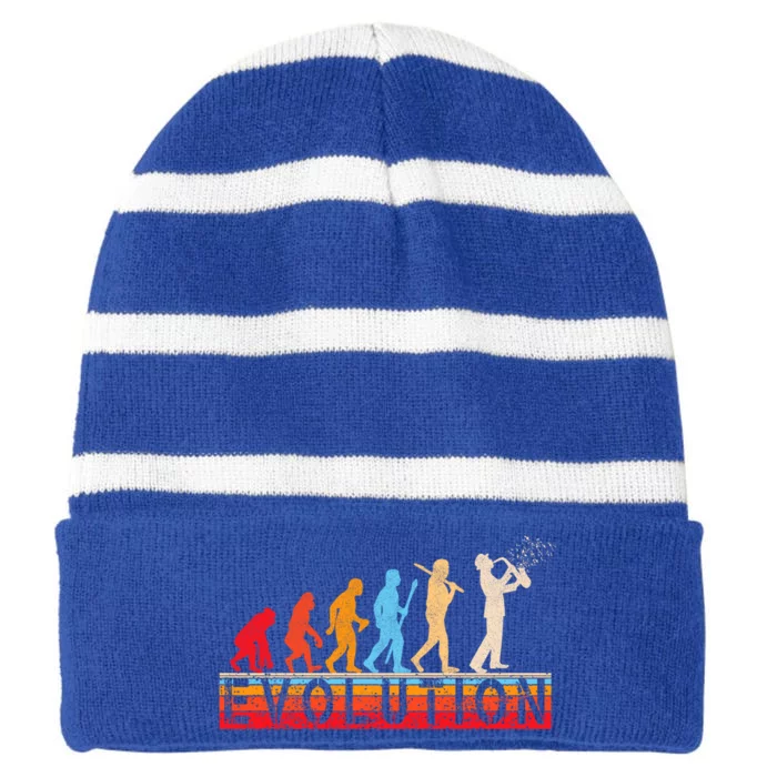 Evolution Of Man Retrostyle Saxophone Player Saxophonist Gift Striped Beanie with Solid Band