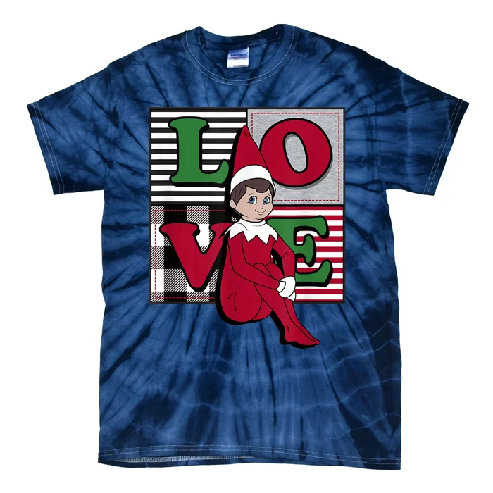 Elf On The Shelf Christmas Love Stacked Plaid Squares Logo Tie-Dye T-Shirt