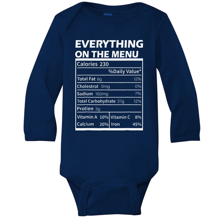 Everything On The Menu Nutrition Facts Thanksgiving Food Baby Long Sleeve Bodysuit