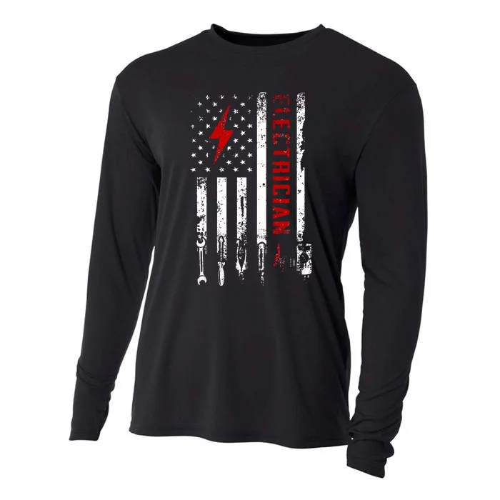 Electrician Patriotic American Flag Electrician Gift Cooling Performance Long Sleeve Crew