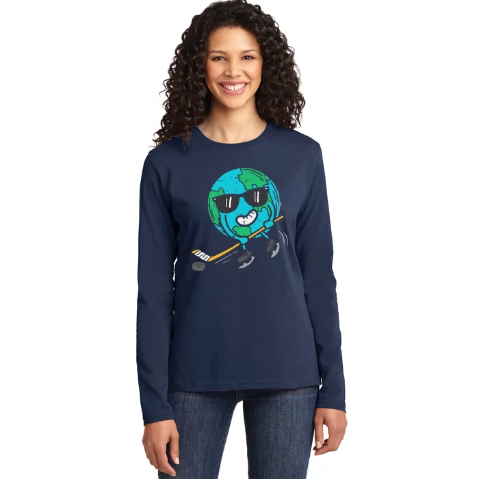 Earth Playing Ice Hockey Earth Day Sports Ladies Long Sleeve Shirt