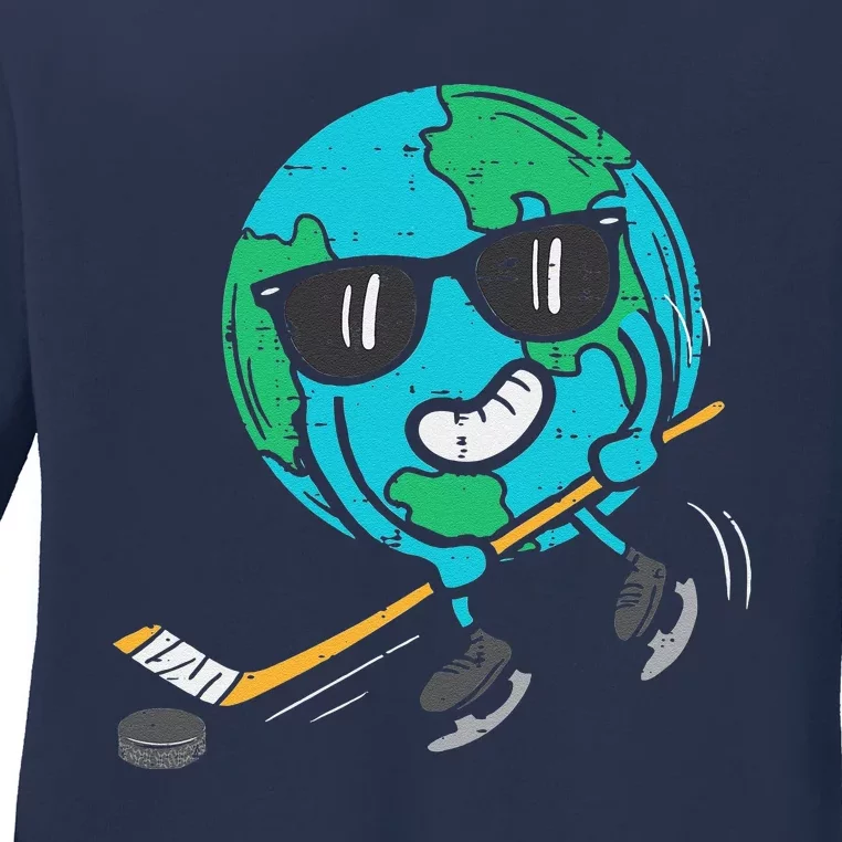 Earth Playing Ice Hockey Earth Day Sports Ladies Long Sleeve Shirt