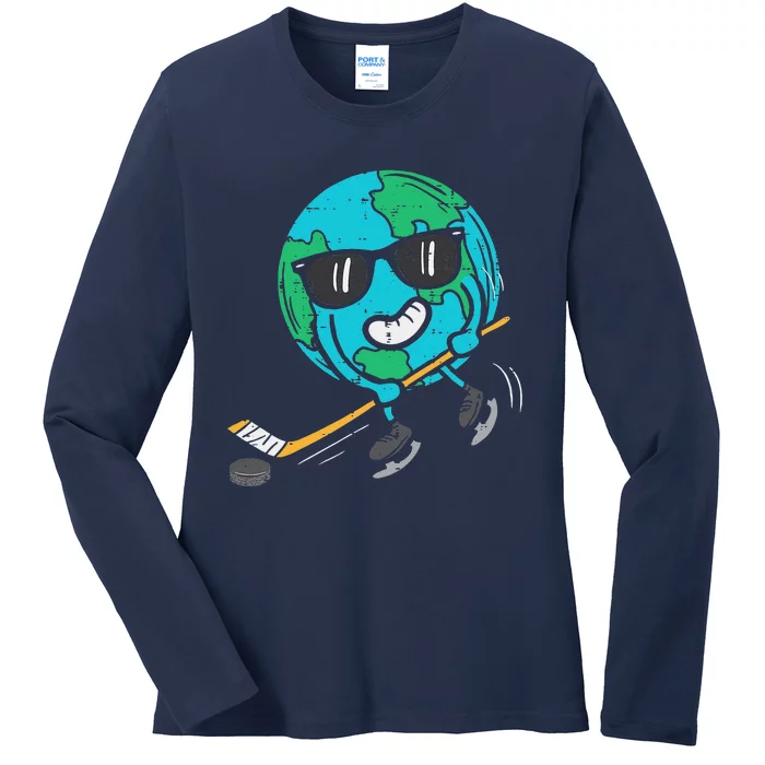 Earth Playing Ice Hockey Earth Day Sports Ladies Long Sleeve Shirt