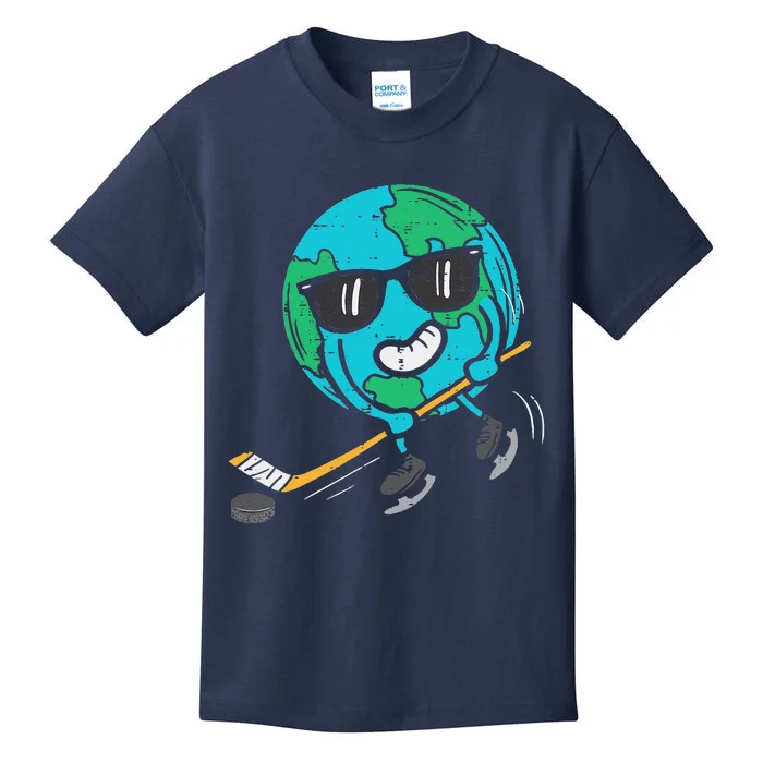 Earth Playing Ice Hockey Earth Day Sports Kids T-Shirt