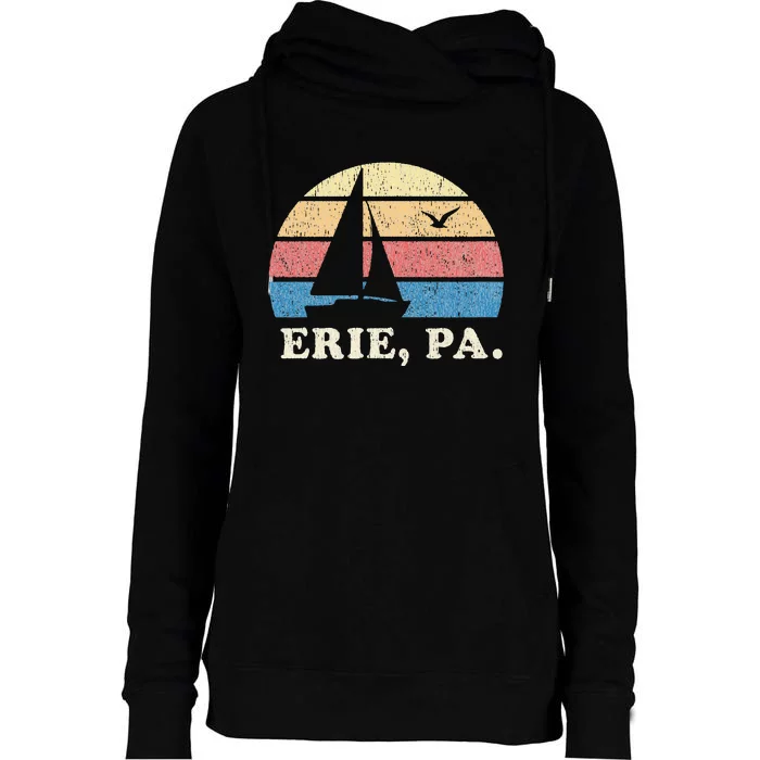 Erie PA Vintage Sailboat 70s Throwback Sunset Womens Funnel Neck Pullover Hood