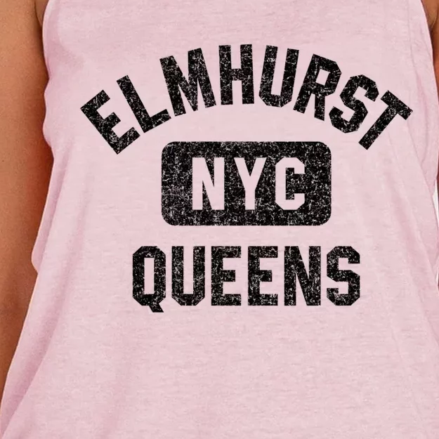 Elmhurst Queens Nyc Gym Style Distressed White Print Gift Women's Knotted Racerback Tank