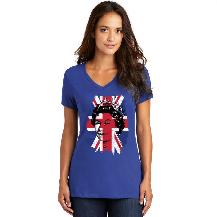 Elizabeth Queen Of England Union Jack Flag Queen Of England Cool Gift Women's V-Neck T-Shirt