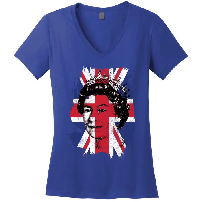 Elizabeth Queen Of England Union Jack Flag Queen Of England Cool Gift Women's V-Neck T-Shirt