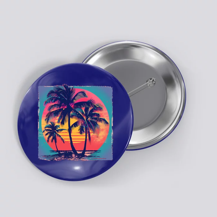 Eighties Retro 80s Style Beach Palm Trees Summer Gift Button