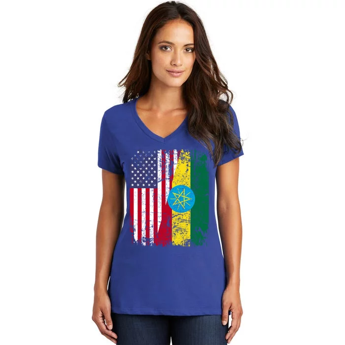 Ethiopian Roots Half American Flag Ethiopia Great Gift Women's V-Neck T-Shirt